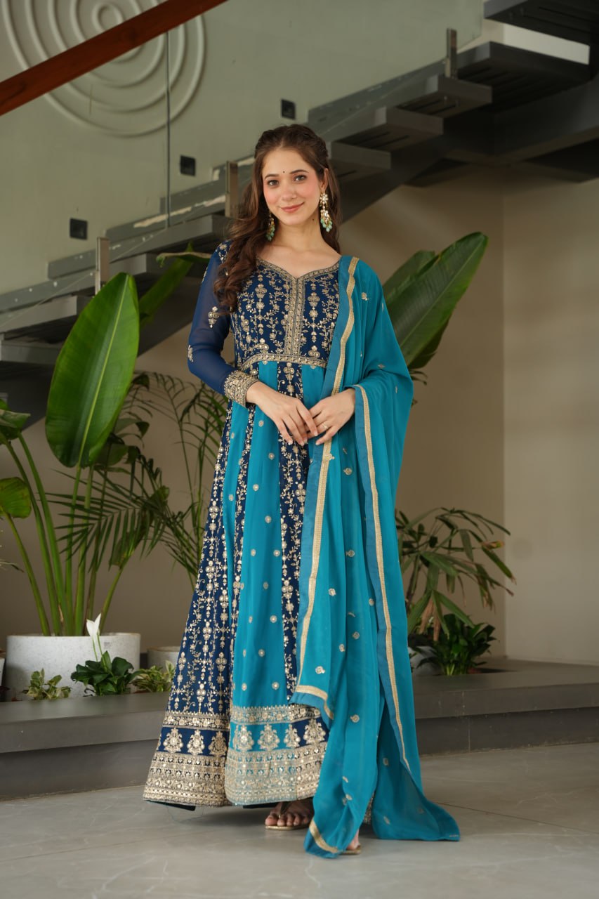 Prazu Fashion Blue Georgette With Zari & Sequins Gown | Grocsy