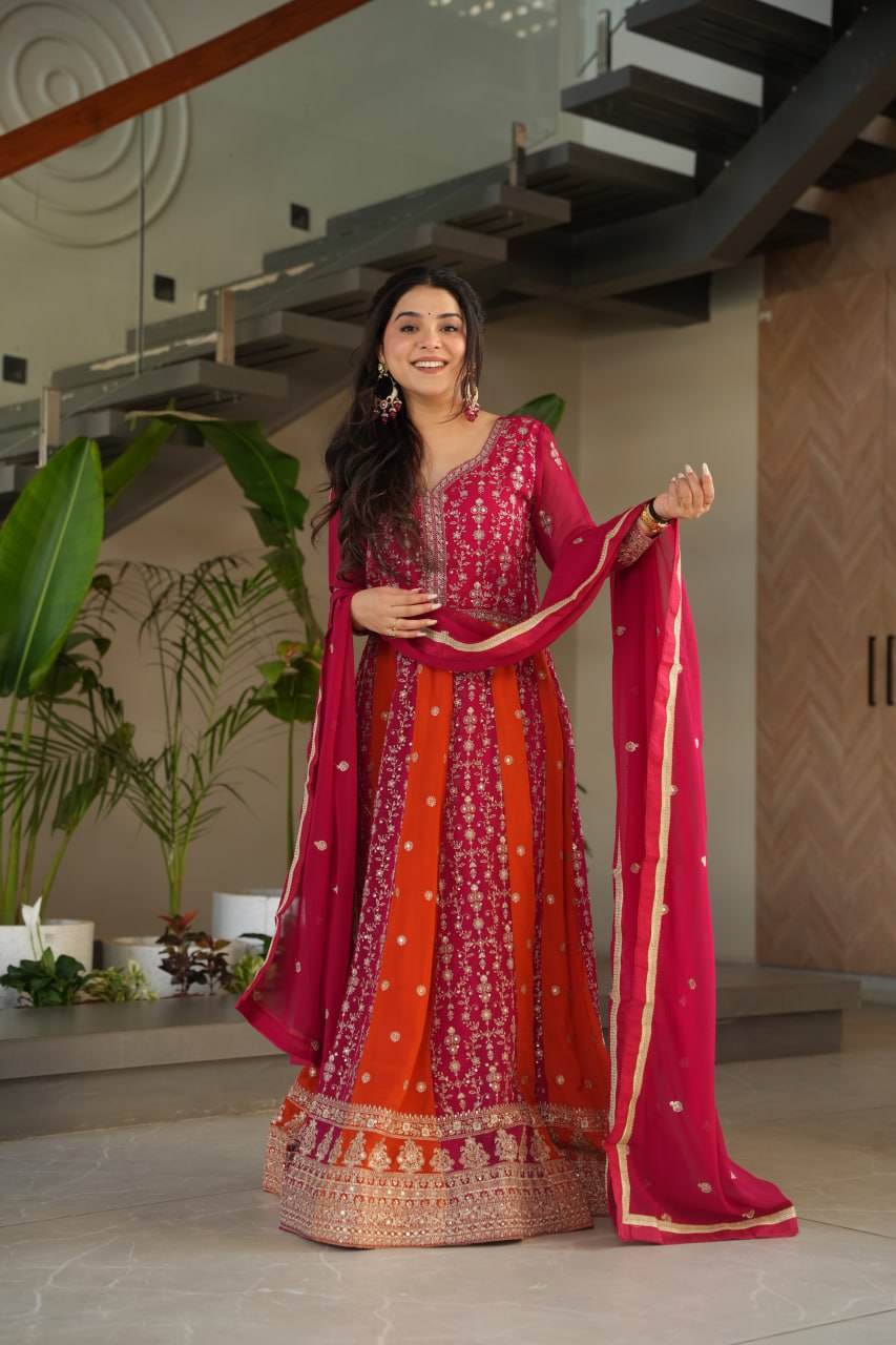 Prazu Fashion Pink Georgette With Zari & Sequins Gown | Grocsy