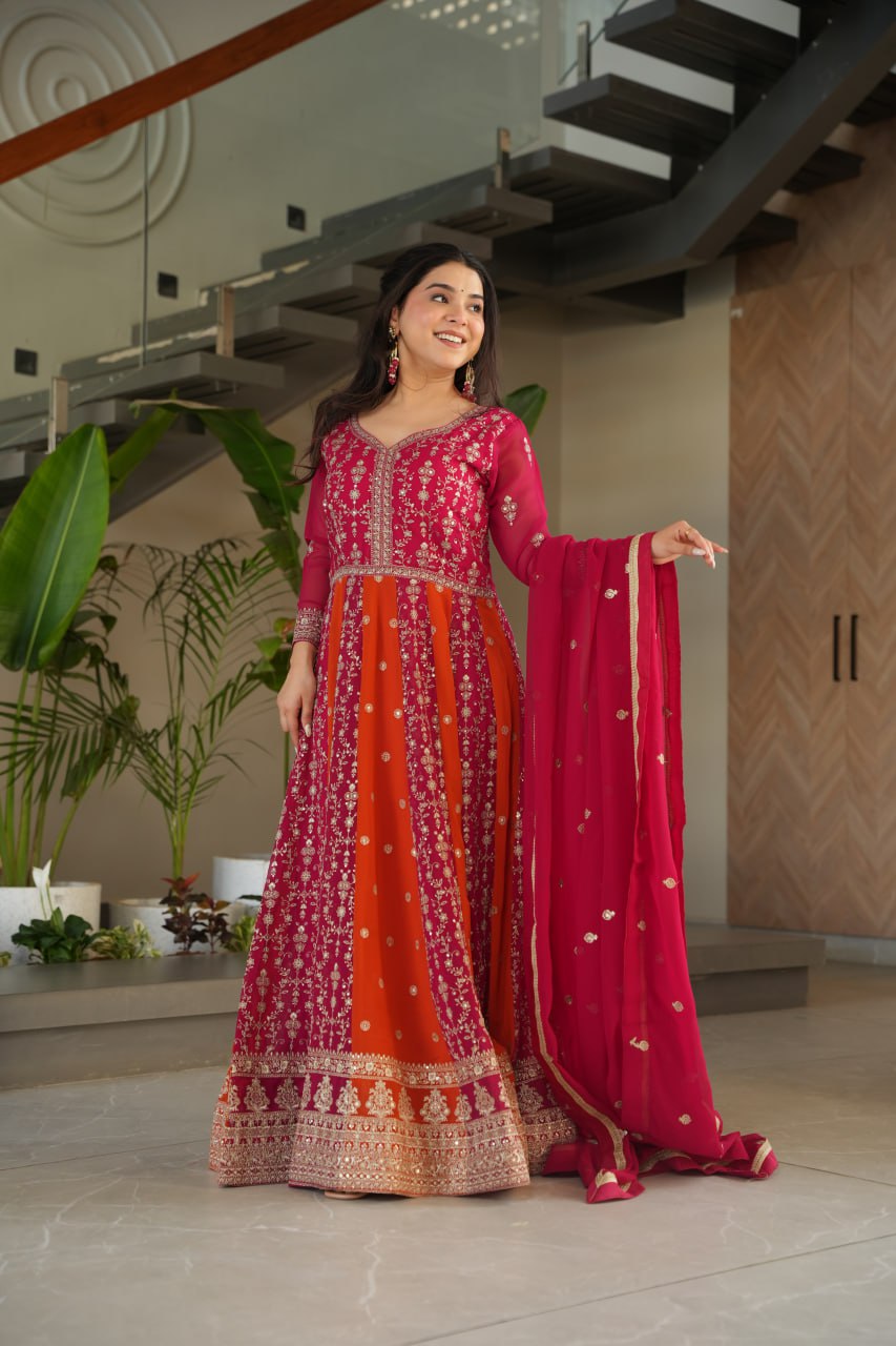 Prazu Fashion Pink Georgette With Zari & Sequins Gown | Grocsy