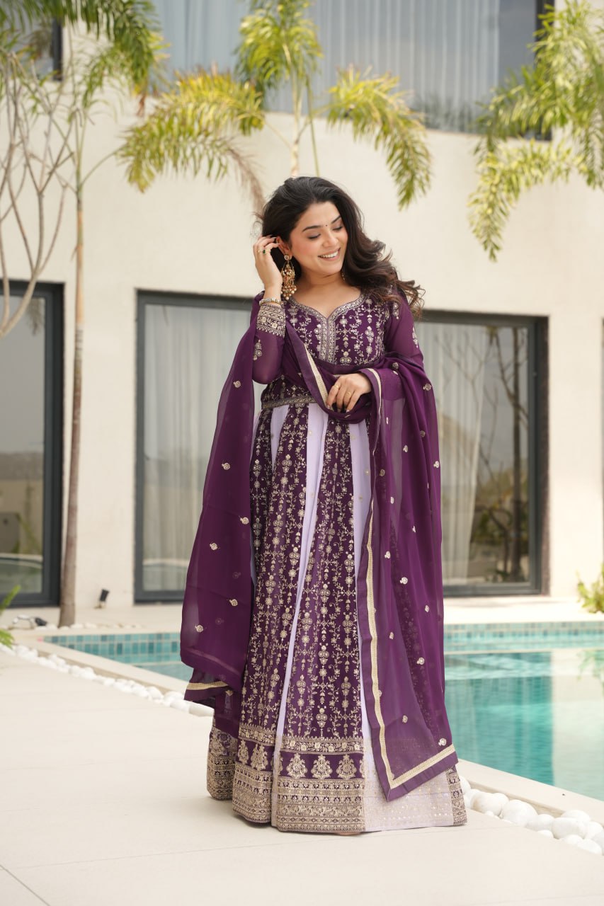 Prazu Fashion Violet Georgette With Zari & Sequins Gown | Grocsy