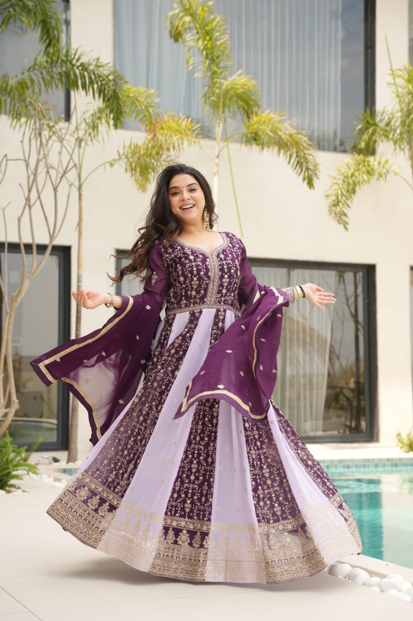 Prazu Fashion Violet Georgette With Zari & Sequins Gown | Grocsy