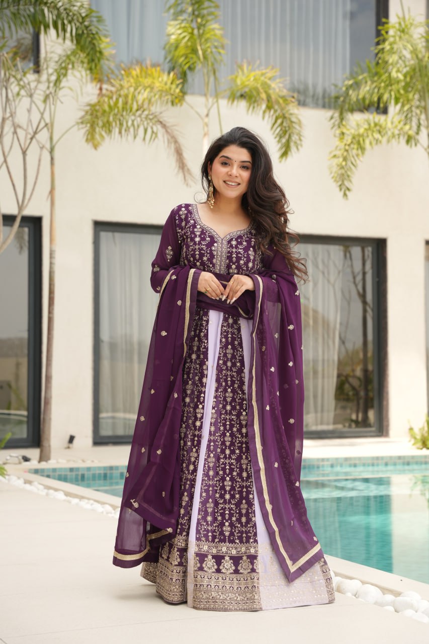 Prazu Fashion Violet Georgette With Zari & Sequins Gown | Grocsy