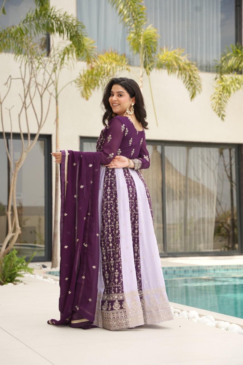 Prazu Fashion Violet Georgette With Zari & Sequins Gown | Grocsy