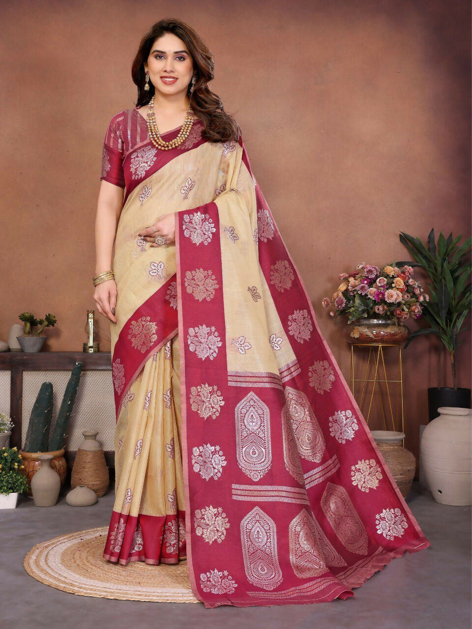 Teeya Creation New Trendy Wedding Wear Banarasi Silk Saree-Cream | Grocsy