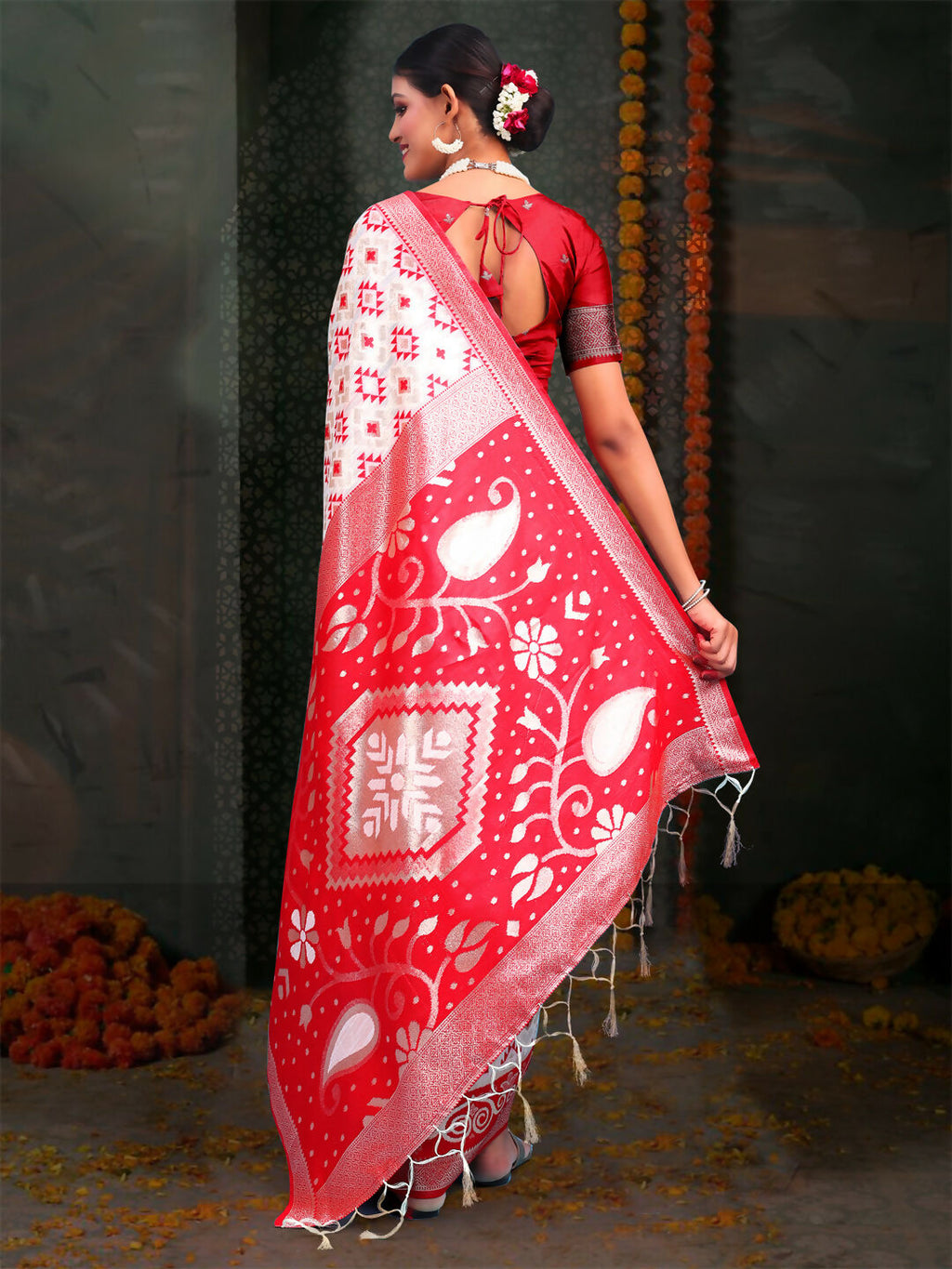 Shree Shyam Fashion Devistuti Red White Linen Cotton Saree | Grocsy