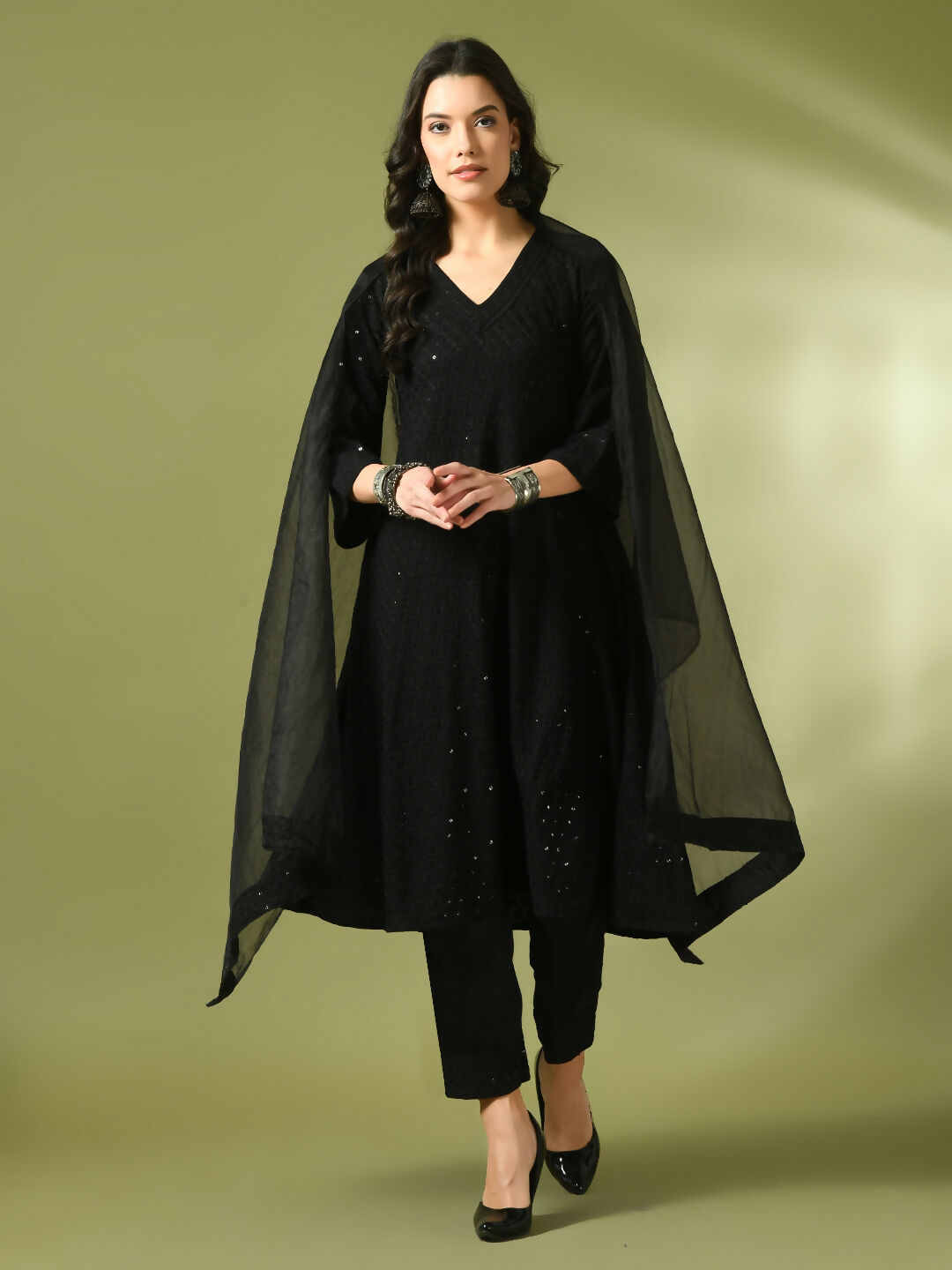 Myshka Women's Black Embroidered Cotton A-Line Party Kurta Set With Dupatta | Grocsy