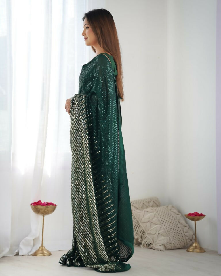 Green Georgette Designer Sequence Embroidery Work Saree - Sitare | Grocsy
