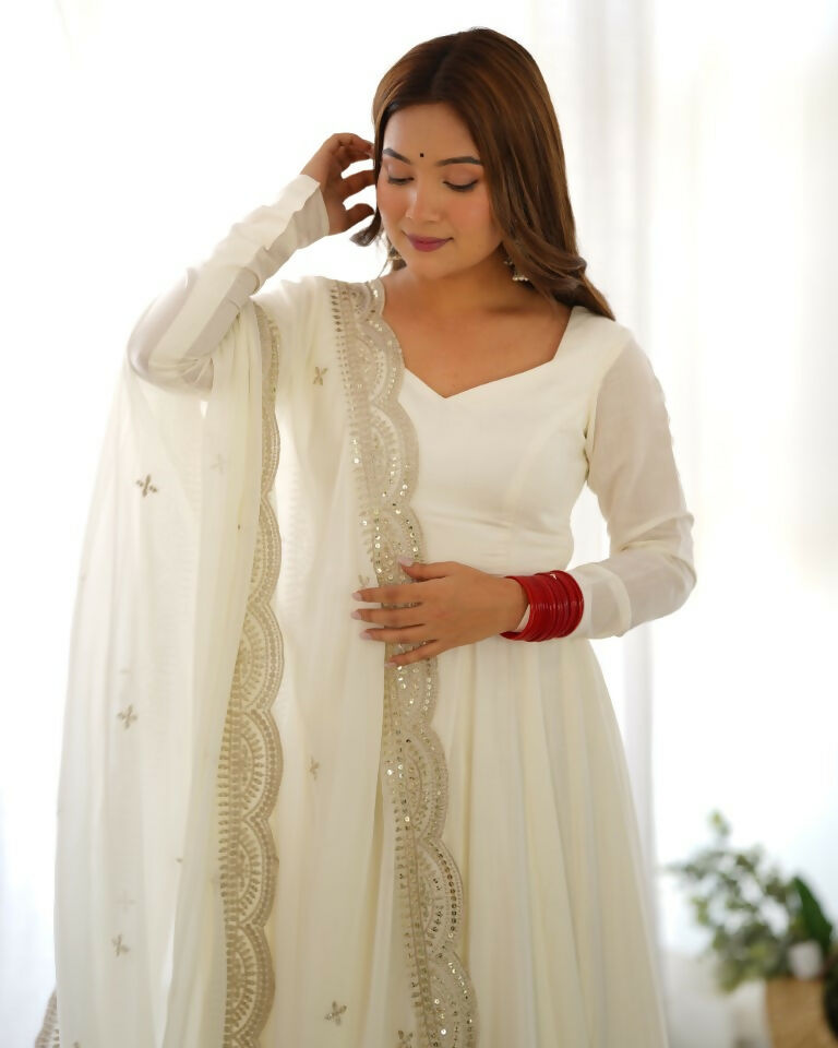 Teeya Creation White Color Pure Roman Silk Chanderi Party Wear Fully Stitched Gown | Grocsy