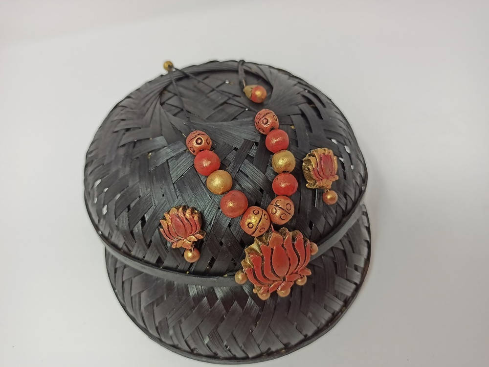 Terracotta Lotus Pendant Necklace Set With Studs-Golden Pink | Grocsy
