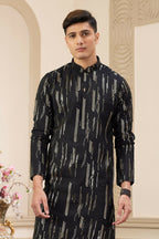 Raivat Ethnic Men's Art Silk Thread Work Kurta Pyjama In Black Colour | Grocsy