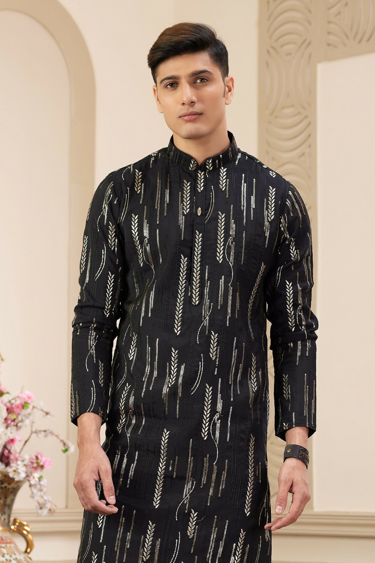 Raivat Ethnic Men's Art Silk Thread Work Kurta Pyjama In Black Colour | Grocsy