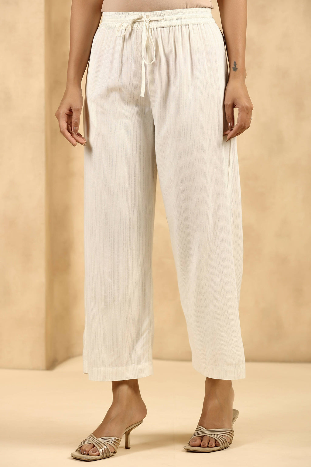 Juniper Women's Off-White Rayon Gold Printed Wide Leg Palazzo | Grocsy