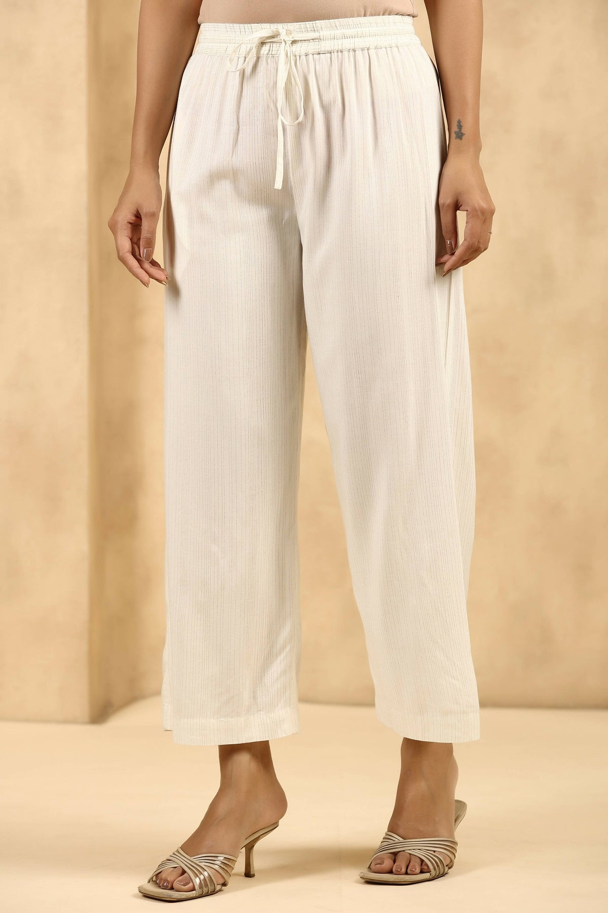 Juniper Women's Off-White Rayon Gold Printed Wide Leg Palazzo | Grocsy