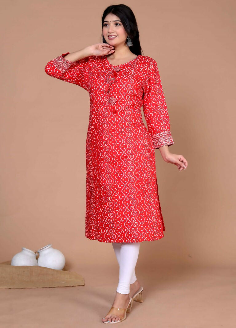 Miravan Women's Festive Wear Red Bandhani Printed Straight Kurta | Grocsy