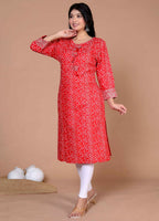 Miravan Women's Festive Wear Red Bandhani Printed Straight Kurta | Grocsy