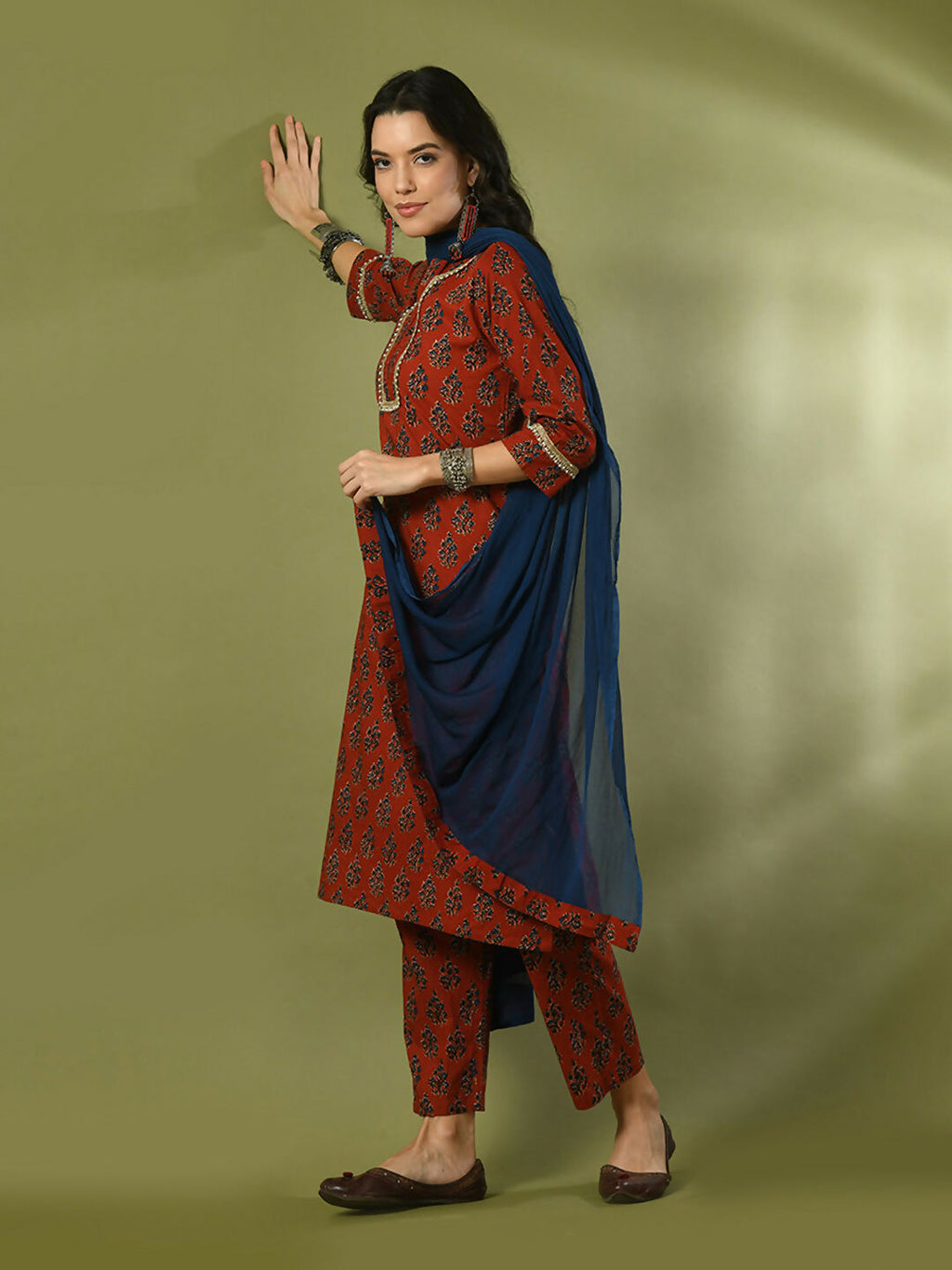 Myshka Women's Rust Printed Cotton Straight Party Kurta Set With Dupatta | Grocsy