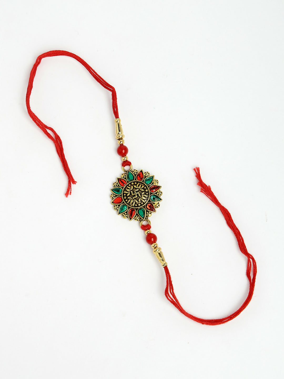 NVR Men Red & Gold-Toned Stone-Studded Rakhi With Roli Chawal | Grocsy