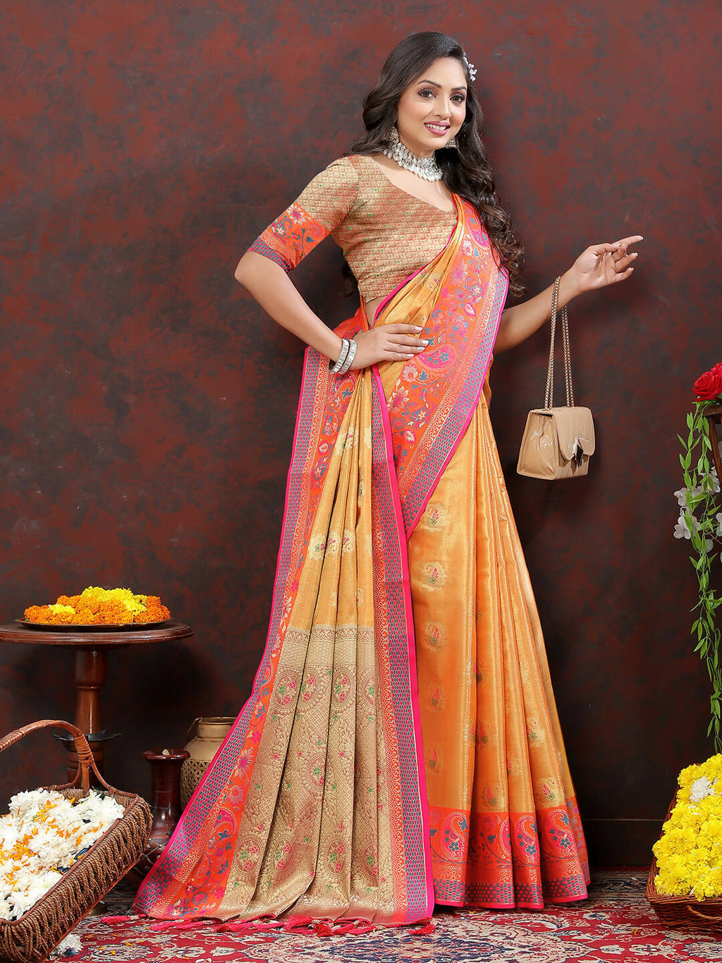Lorenvalley Fashion Orange Kanjivaram Silk Woven Design with Zari Weaving Saree | Grocsy