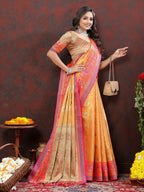 Lorenvalley Fashion Orange Kanjivaram Silk Woven Design with Zari Weaving Saree | Grocsy