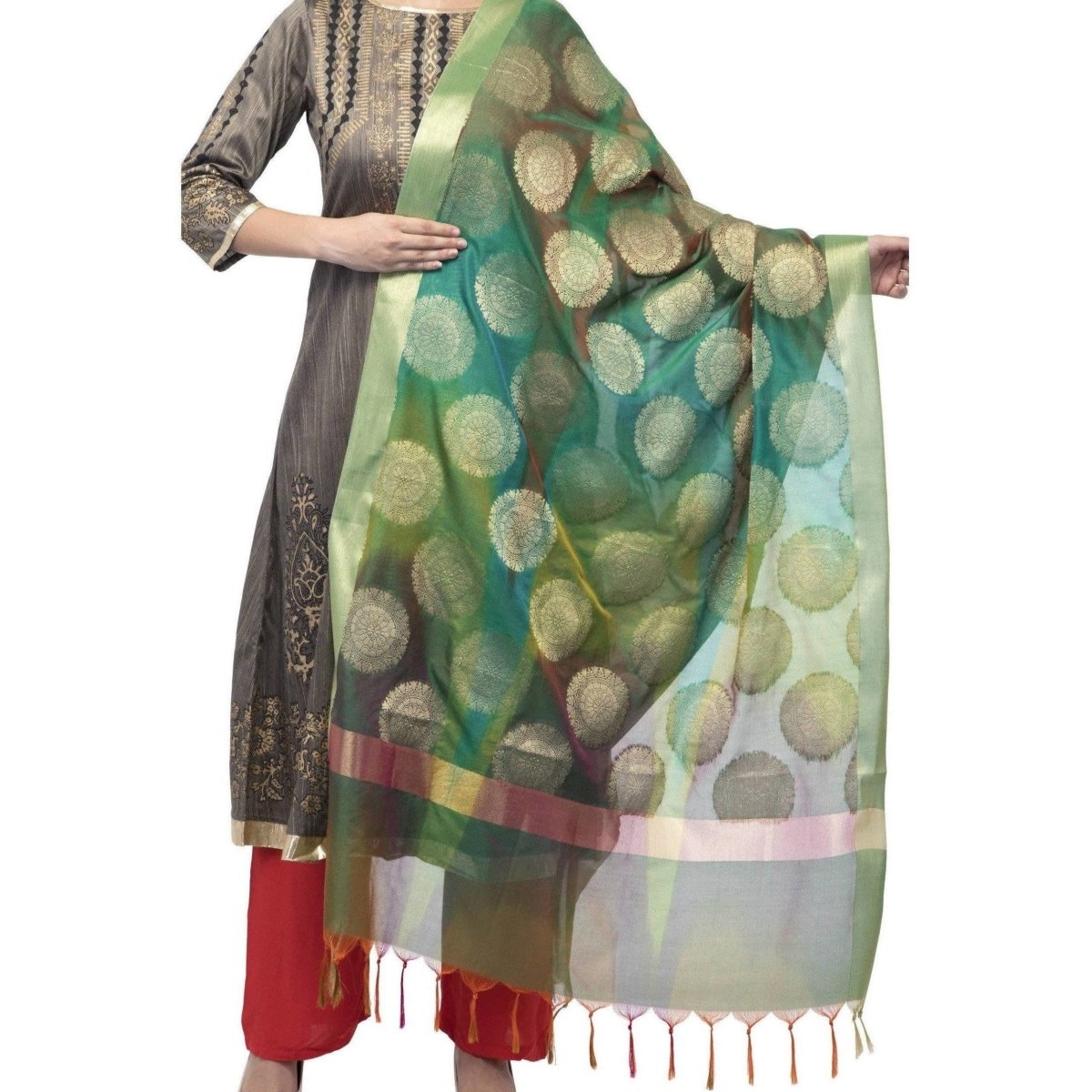 A R Silk Women's Vanarsi Green Silk Zari Embroidery With Multi Color Fancy Dupatta | Grocsy