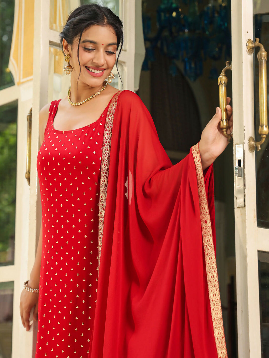 Janasya Maroon Rayon Foil Print Kurta,Bottom & Dupatta | Grocsy