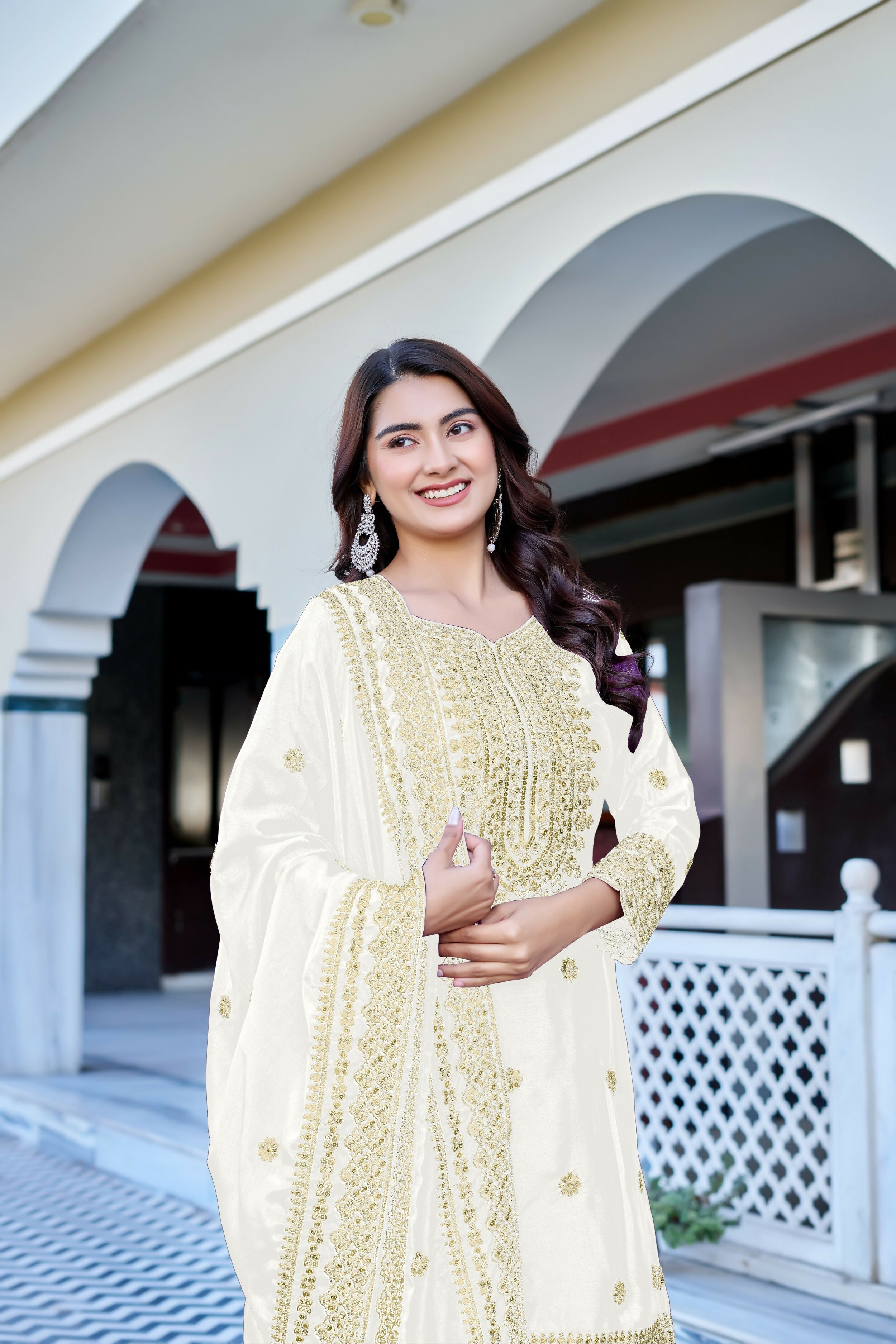 Teeya Creation White Color Chinon Silk Heavy Embroidery Work Wedding Wear Sharara | Grocsy