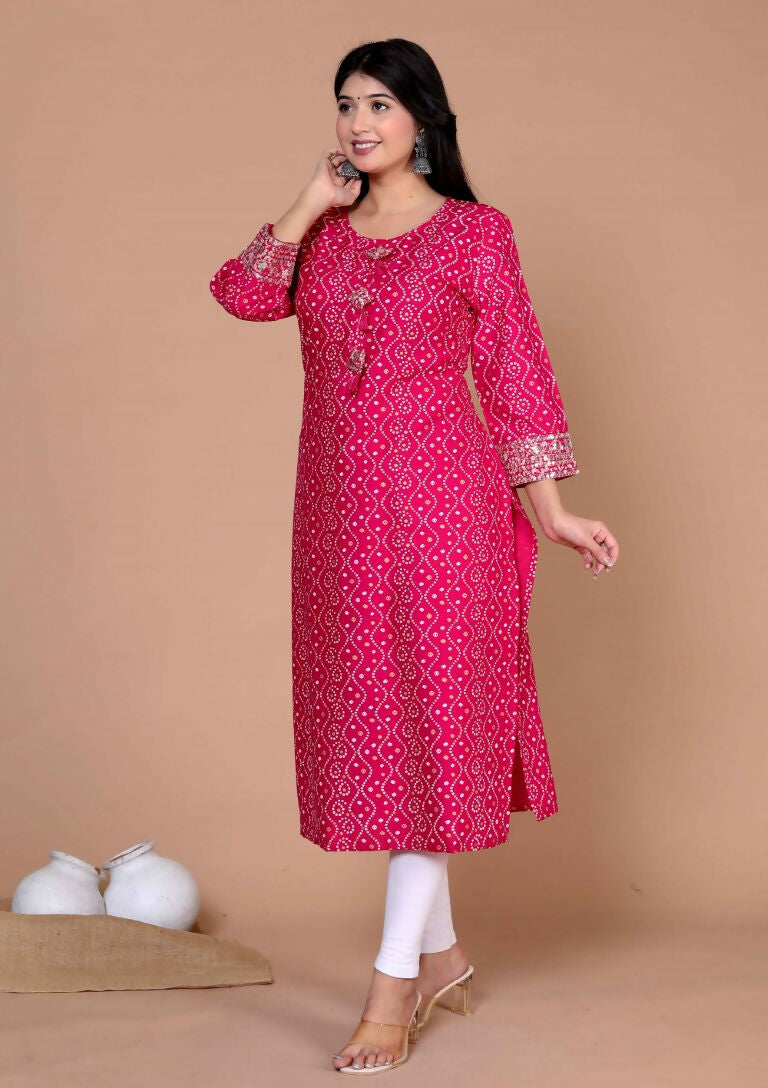 Miravan Women's Plus Size Pink Bandhani Pakistani Straight Kurti | Grocsy
