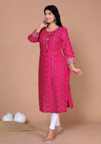Miravan Women's Plus Size Pink Bandhani Pakistani Straight Kurti | Grocsy