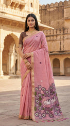 Vastranavya Pink Muga Cotton Meenakari & Azarakh Pallu Saree with Contrast Blouse | Grocsy
