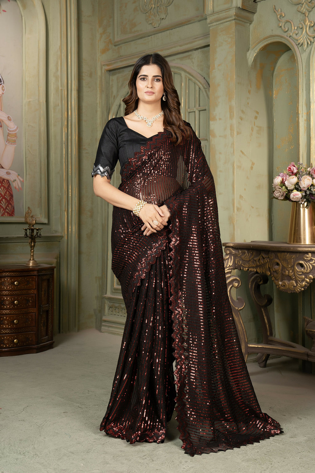 Dishitha Creation Indian Women's Designer Georgette Sequence Saree - Red | Grocsy