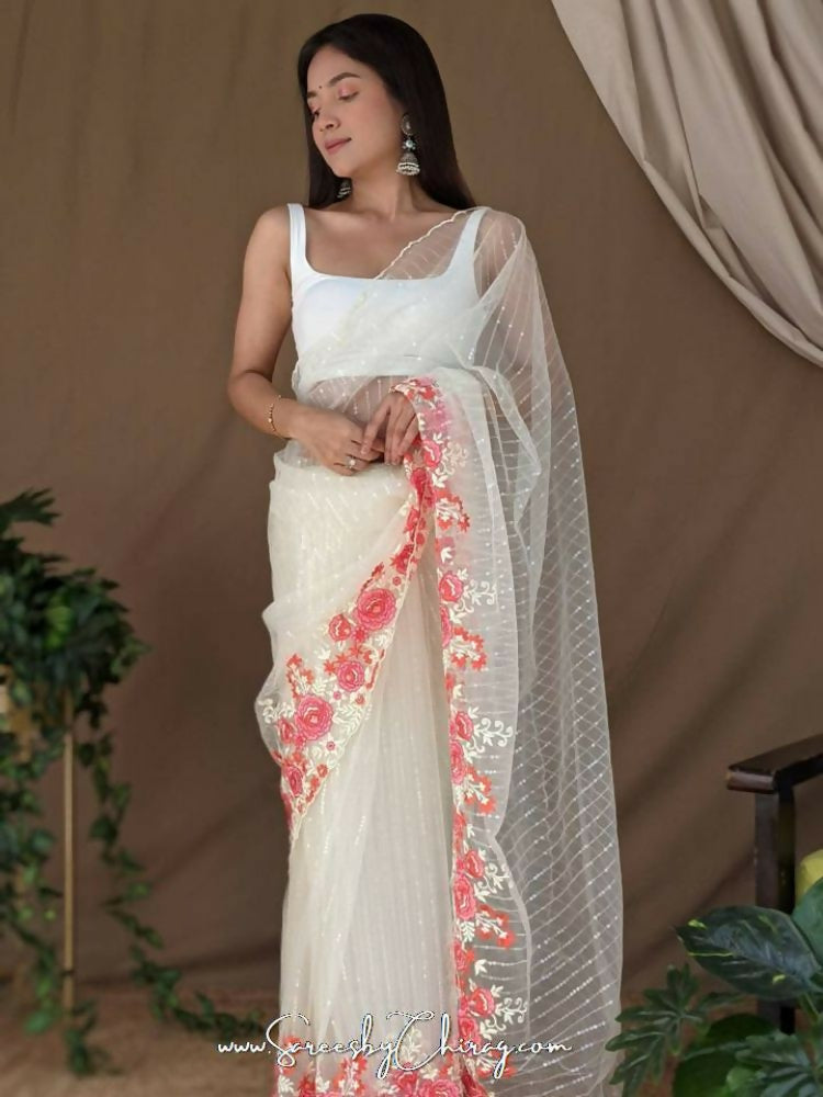 Vamsee Murari White Super Net Saree | Grocsy