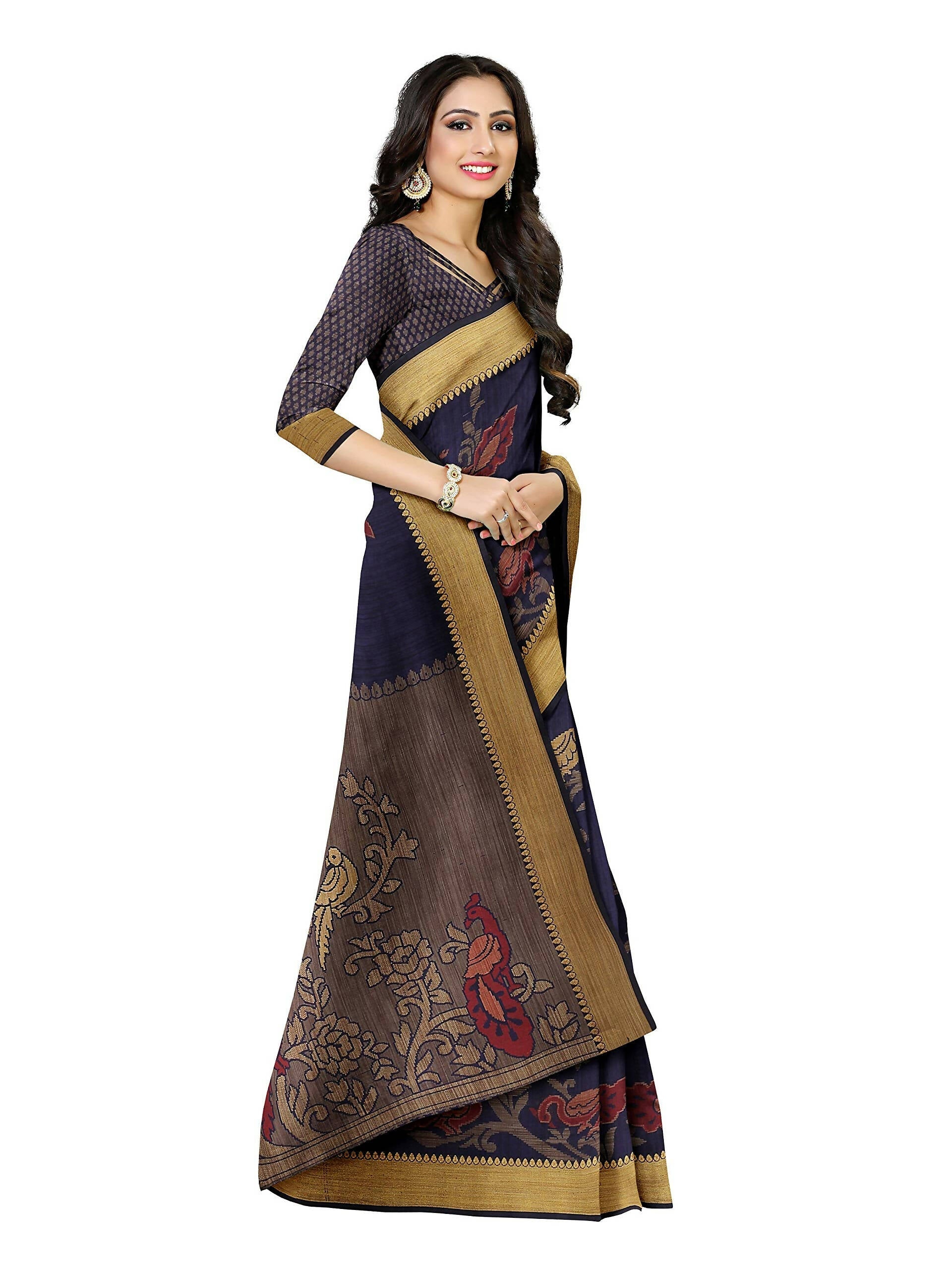 Mimosa Women's Kanchipuram Art Silk Navy Blue Saree | Grocsy