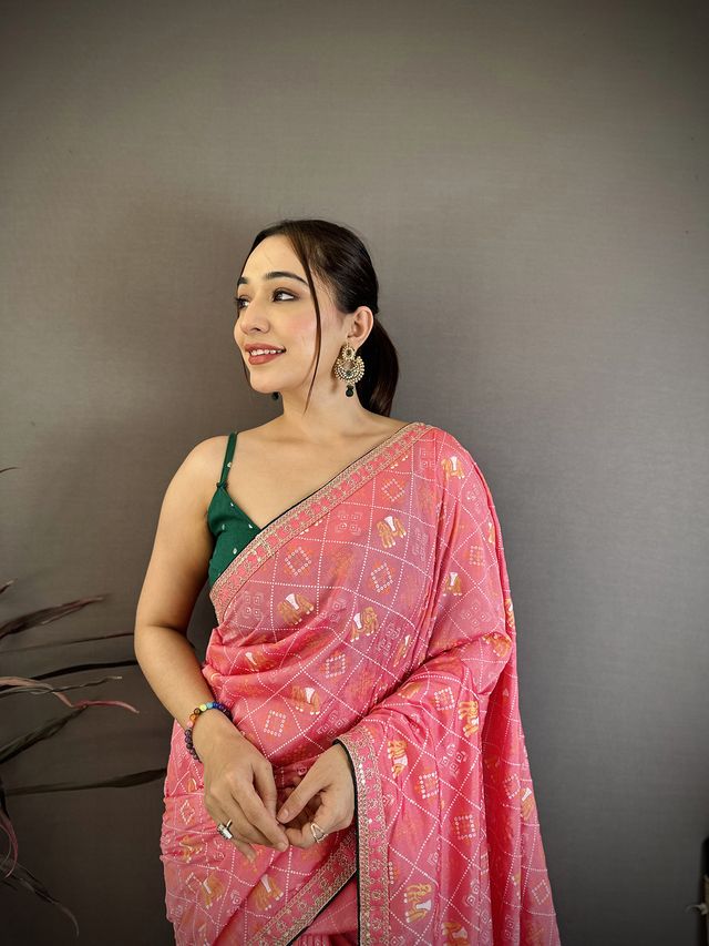 Elora Pink Vichitra Silk Animal Motifs Foil Print Sequence & Zari Embroidery Work Bandhani Saree | Grocsy