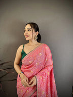 Elora Pink Vichitra Silk Animal Motifs Foil Print Sequence & Zari Embroidery Work Bandhani Saree | Grocsy