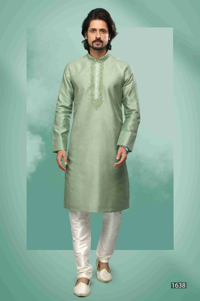 Raivat Ethnic Art Silk Mirror Embroidery Work Kurta Pajama In Light Green Colour | Grocsy