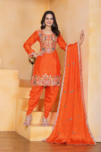 Teeya Creation Orange Color Chinon Silk Party Wear Punjabi Dhoti Suit | Grocsy