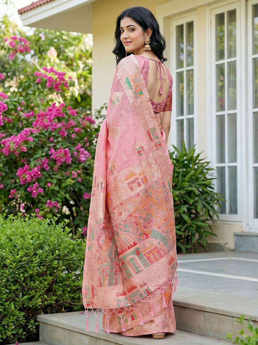 Shree Shyam Fashion Pink Linen Cotton Saree | Grocsy