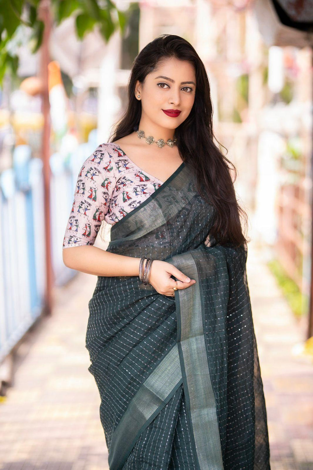 Green Linen Sequence Saree with Unstitched Blouse - Hiral Fashion | Grocsy
