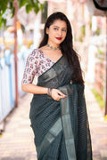 Green Linen Sequence Saree with Unstitched Blouse - Hiral Fashion | Grocsy