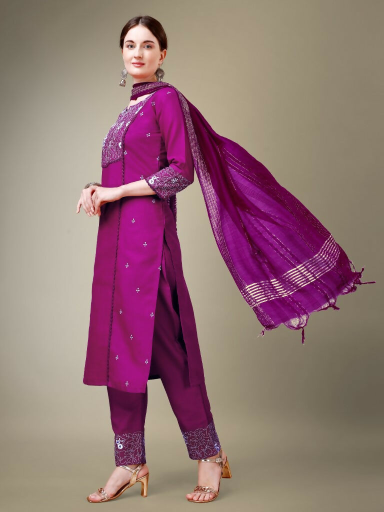 Jyoti Fashion Women's Purple Cotton Blend Embroidery & Fancy Lace work Kurta with Trouser & Dupatta | Grocsy