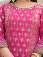 Juniper Women's Fuchsia Ethnic Motif Printed Muslin Kurta Pant With Dupatta Set With Beads & Sequins | Grocsy
