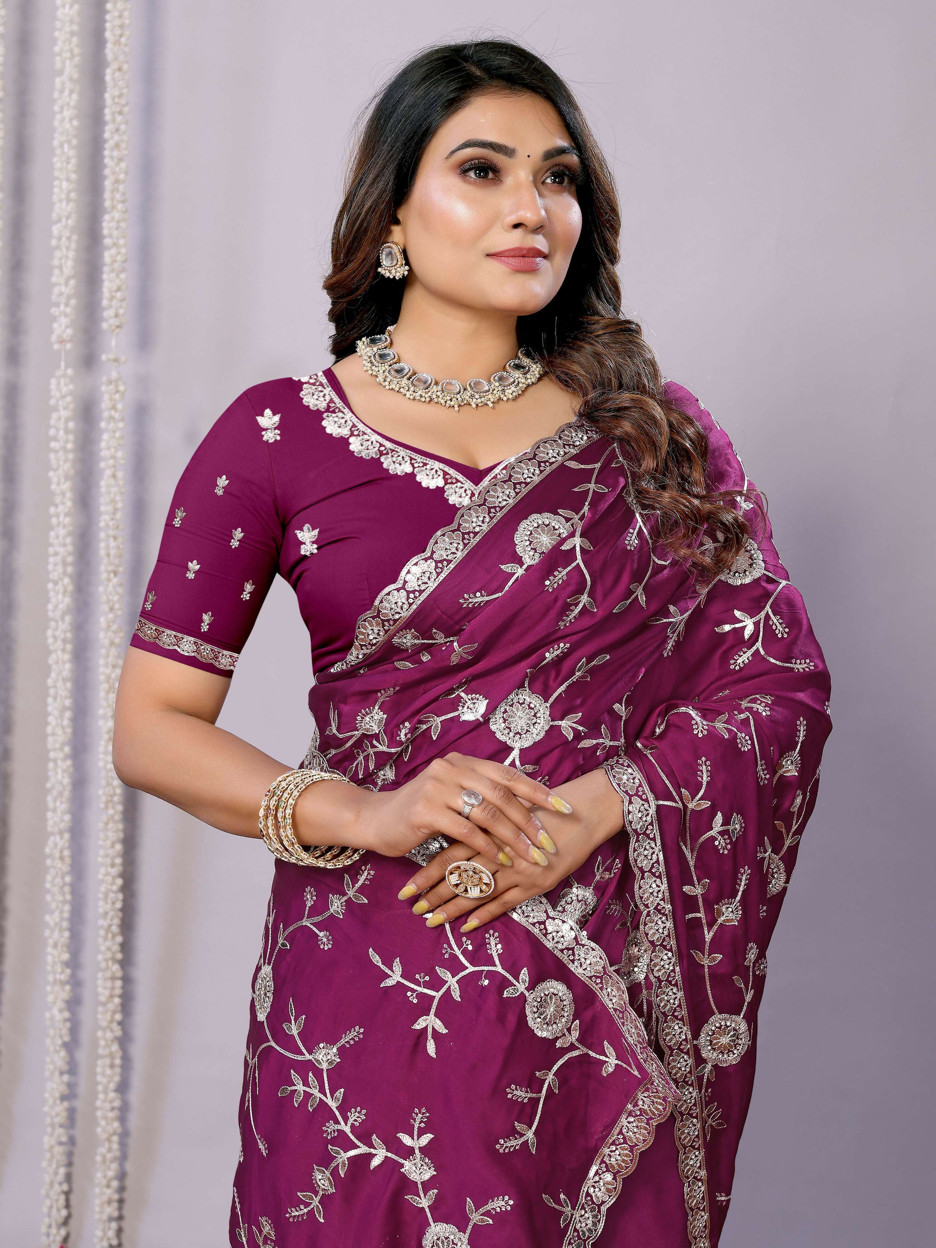 Purple Pure Satin Embroidered Saree With Stitched Blouse - Nimaya Kaksha | Grocsy