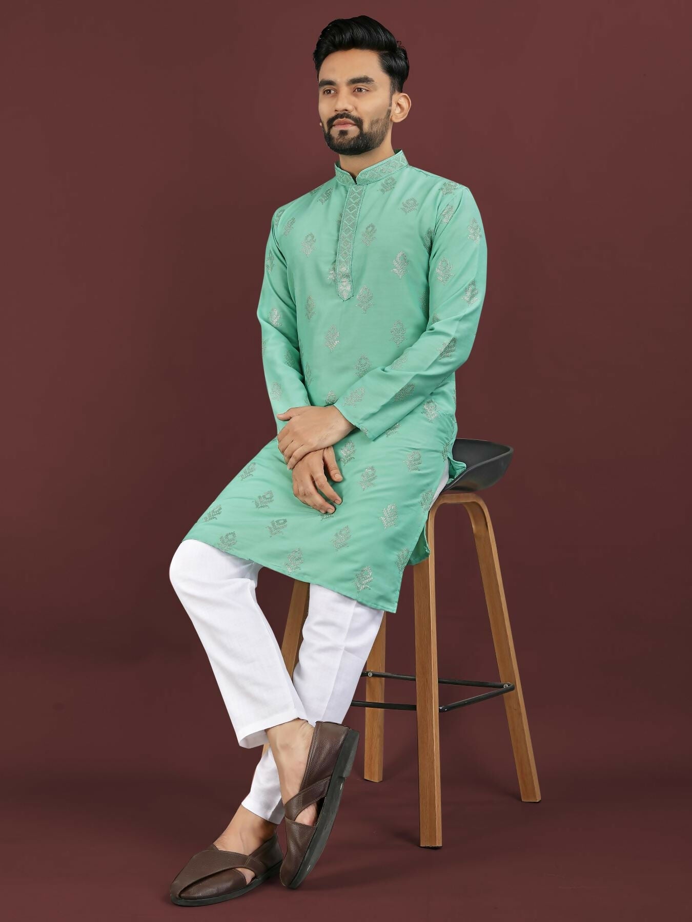 Anaita Turquoise Embroidered Silk Straight Kurta | Grocsy