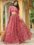 Janasya Pink Georgette Floral Lehenga Choli Dupatta | Grocsy