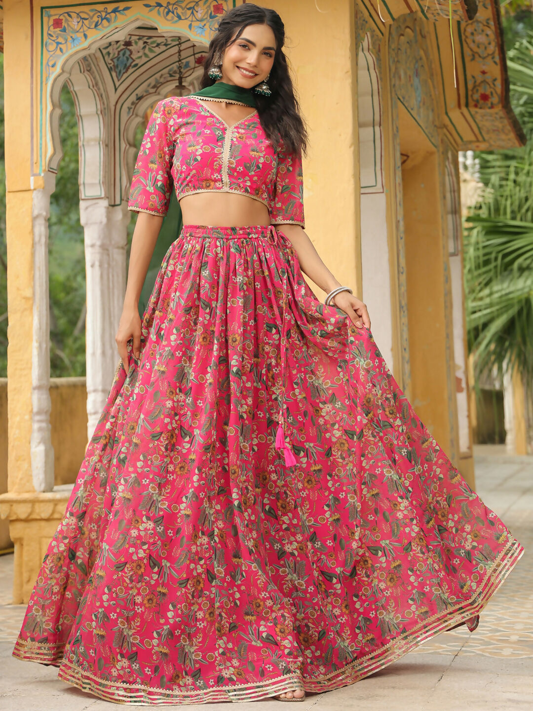 Janasya Pink Georgette Floral Lehenga Choli Dupatta | Grocsy