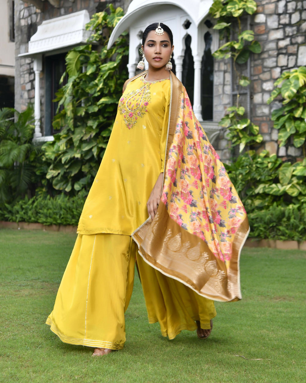 Vaasva Women's Silk Mustard Emboidered Solid Kurta, Sharara & Dupatta Set | Grocsy