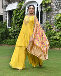 Vaasva Women's Silk Mustard Emboidered Solid Kurta, Sharara & Dupatta Set | Grocsy