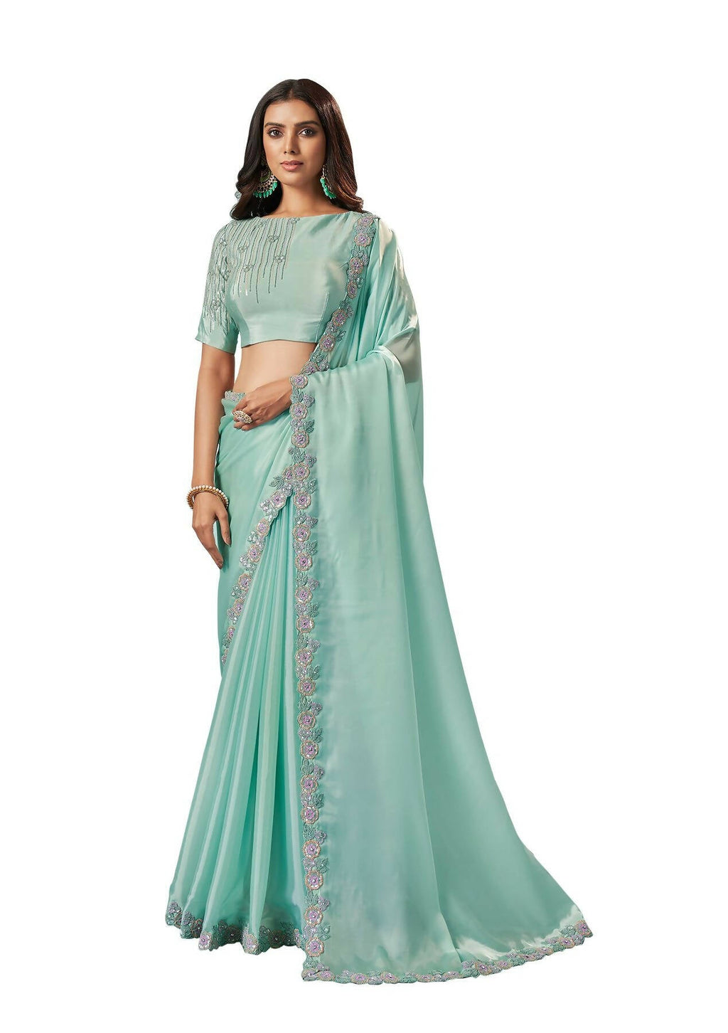 Sea Green Organza Silk Crepe Solid Saree With Unstitched Blouse Piece - Norita Ikshita | Grocsy