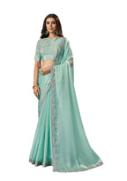 Sea Green Organza Silk Crepe Solid Saree With Unstitched Blouse Piece - Norita Ikshita | Grocsy