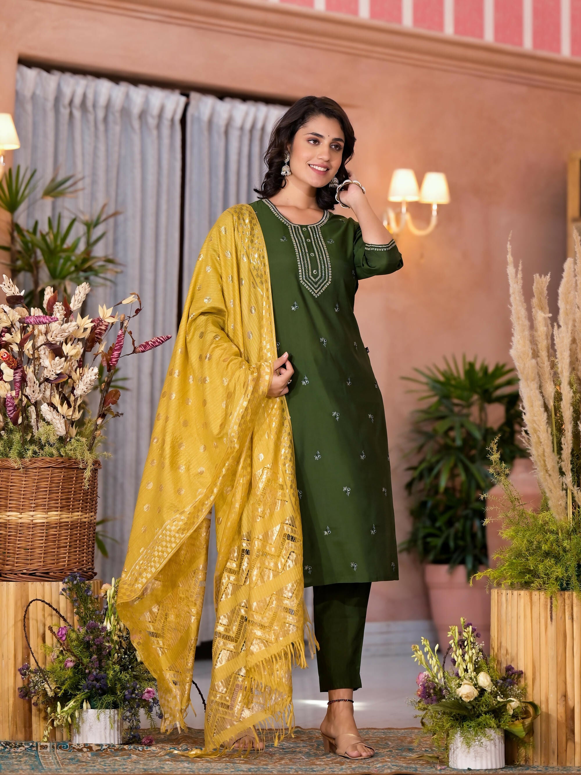 Juniper Women's Green Zari Embroidered Viscose Kurta Pant And Dupatta Set With Tassels On Dupatta | Grocsy